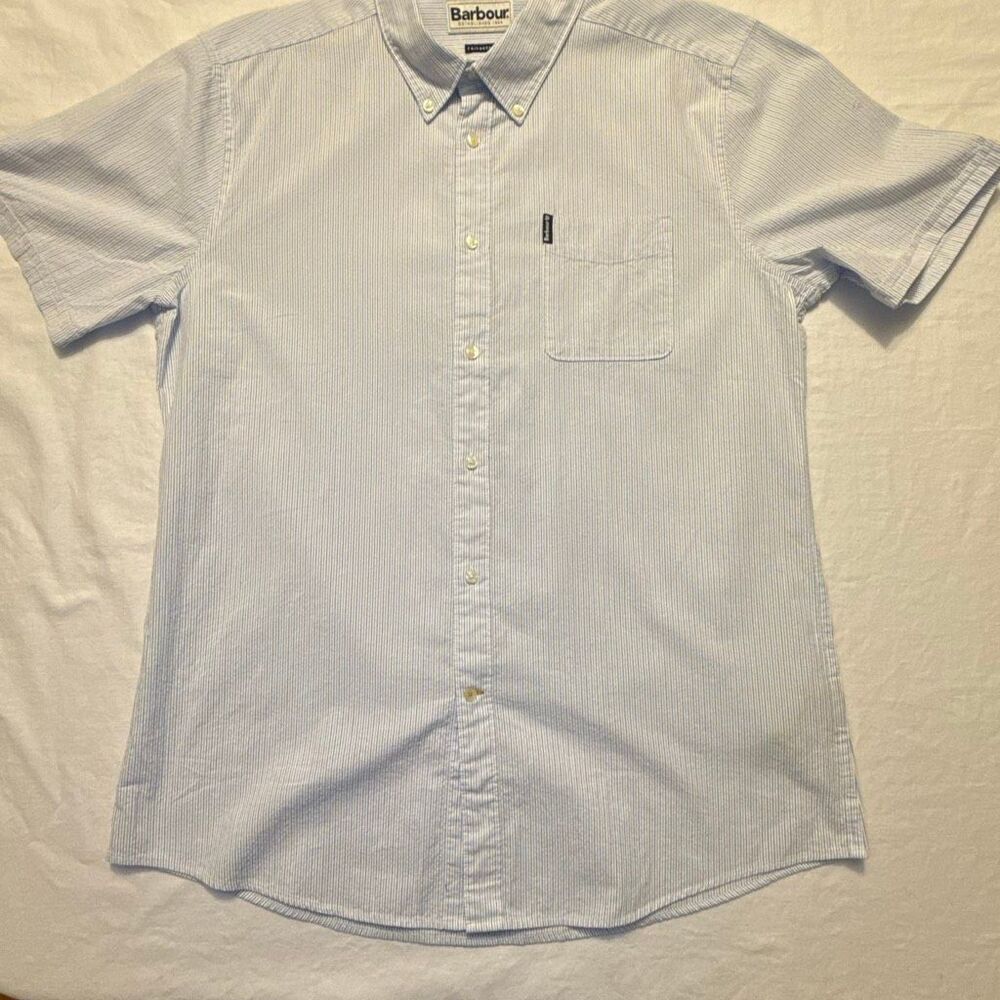 Barbour | Seersucker Short Sleeve Shirt | Blue & White Stripe | Size M